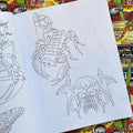 Inside pages of Shaun Topper's Line Drawings vol. 2 featuring line drawings of a stairway with scorpion legs and a monster skull with bat wings.