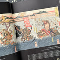 Inside pages of, 'Once More unto the Breach', featuring Samurai's with their horses crossing a river, with people drowning behind them
