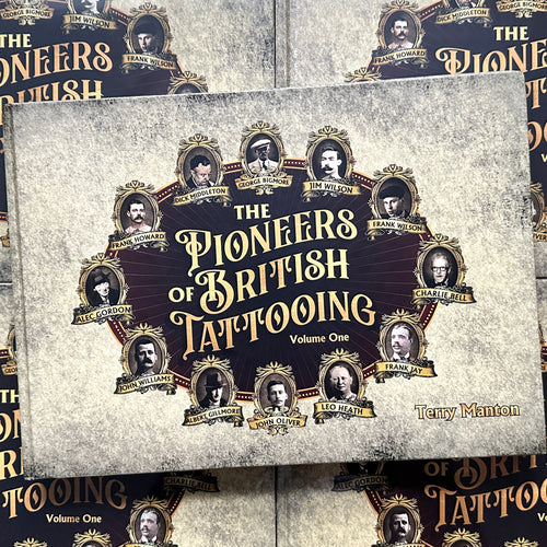 Front cover of The Pioneers of British Tattooing Vol. 1 featuring a bold title framed by small photographs of famous tattooers.