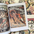 Inside pages of, 'French Posters', featuring a lion and tiger ad of a ringleader holding up a flaming hoop for a tiger to jump through
