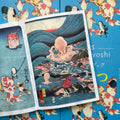 Inside pages of, 'Animals by Kuniyoshi', featuring a sea of octopus swimming together with squids, fish, and lobster