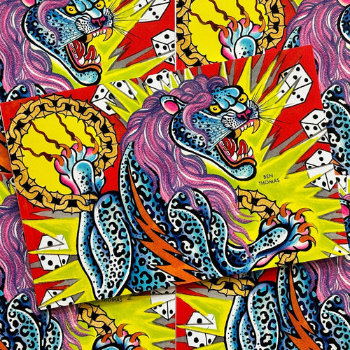 Front cover of Black Dagger Books #49 - Ben Thomas featuring a colorful painting of a leopard with a pink mane, dice and a red background, gold chains, and neon yellow spikes.
