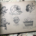 Inside pages of Vintage Tattoo Flash from the Silver Screen featuring pencil drawings of girls, monkeys and more.