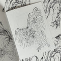 Inside pages of Rocks & Mountains featuring a line drawing of mountains and hillsides done in the traditional Japanese style.