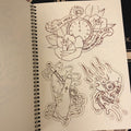 Line drawings of skull, hand and pocket watch from Ian Parkin Sketchbook Vol. 1 