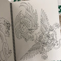 Inside pages of Rise and Grind by Lucky's Tattoo Parlor featuring line work of  eagle and flying tiger.
