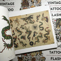 Inside pages of Vintage Tattoo Flash Volume I featuring dragon, lizard and other flash from Tex Rowe.