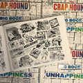 Inside pages of The Crap Hound Big Book of Unhappiness featuring images of unfortunate events. 
