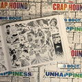 Inside pages of The Crap Hound Big Book of Unhappiness featuring images of unfortunate events. 
