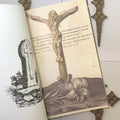 Inside pages of Crosses featuring Christ on the cross with Latin text on the background.