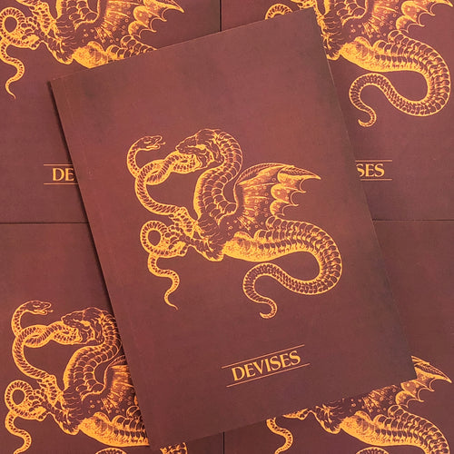 Front cover of Devises featuring a dragon and snake fighting colored in yellow on a maroon background.