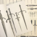 Inside pages of Daggers featuring black depictions of an array of daggers on a white background.