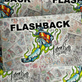 Front cover of Flashback by Aaron Bell featuring an illustration of a chrome coil machine in color with green flame accents. The background is a collage of flash sheets.