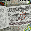 Inside pages of 'Flashback' by Aaron Bell featuring black and grey flash designs such as skull with bat wings and razor wire, a devil with wings and red flames, and tribal designs. The opposite page features the respective line drawings.