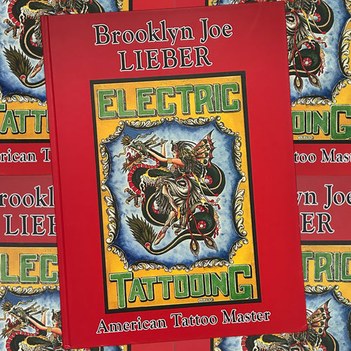 Front cover of Brooklyn Joe Lieber: American Tattoo Master book featuring a red cover with an American traditional image of a lady stabbing a dragon and bold lettering.