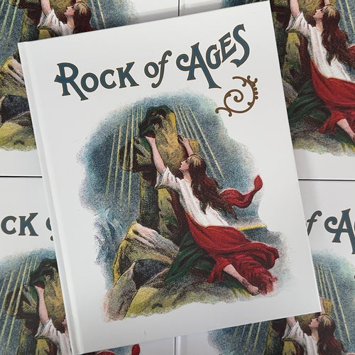 Front cover of Rock of Ages by Buddy Holiday featuring a vintage image of a woman holding on to the Rock of Ages cross.