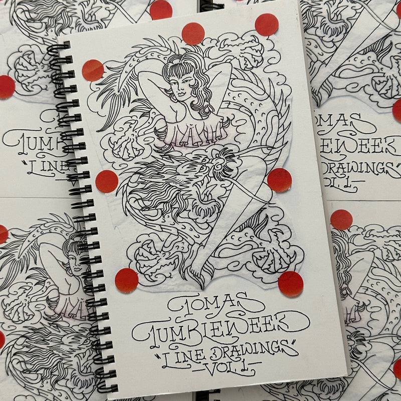 Front cover of Line Drawings Vol. 1 by Tomas Tumbleweed featuring a line drawing of a lady surrounded by a dragon.