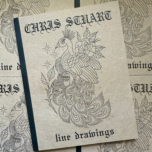 Front cover of Line Drawings by Chris Stuart featuring a line drawing of a girl head half-covered by a peacock and adorned by a rose.