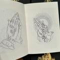 Inside pages of 'Sacrament' by Chris Stuart featuring sketches of two separate depiction of hands in prayer.