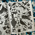 Inside pages of Crap Hound Owls and Crows featuring black and white illustrations of crows.