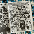 Inside pages of Crap Hound Owls and Crows featuring black and white illustrations of owls.