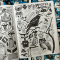 Inside pages of Crap Hound Owls and Crows featuring black and white illustrations of owls and crows.