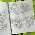 Inside pages of Gaijin Wabori Vol. 1 by Dana Helmuth featuring line drawings of chrysanthemums and other flowers.