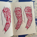 Traditional Japanese red sketches and arm sleeve studies of vortices, clouds, and lightning from 'Looking For the Right Flow Volume 2' a tattoo book by Fabio Gargiulo.