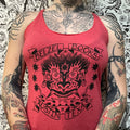Front of a red tank top with a black screen printed belzel books logo on the front