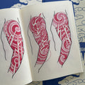 Traditional Japanese red sketches and arm sleeve studies of vortices, clouds, and lightning from 'Looking For the Right Flow Volume 2' a tattoo book by Fabio Gargiulo.