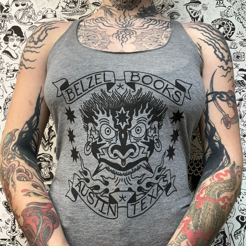 Front of a grey tank top with a black screen printed belzel books logo on the front