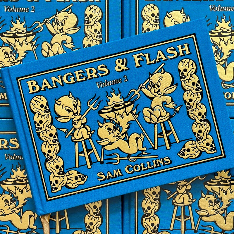 Front cover of Sam Collins, Bangers & Flash Vol. 2 featuring a blue cover with a scene of hot stuff devils cooking sausages over a grill with their pitchforks, embossed in gold