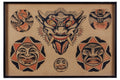 Auction item from "The Tattoo Catalogue 2026: Tattoo, Circus, Sideshow, and Curiosities". Framed vintage tattoo flash sheet with five traditional designs on aged paper: a central horned demon/oni head with bared fangs and tongue, a flying crane and a perched owl in circular vignettes, and three moon faces, one small and two larger ones framed with star shapes, showing varied expressions, rendered in black, orange, and muted red.