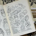 Inside pages of Steve Morante's Sketches featuring line drawings Japanese designs and their names/meanings.