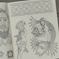 Inside pages of Sterling Barck's, 'Permanence', featuring line drawings of a traditional pattern band, a woman sitting on a fish with a ship in the background, and a cherub around florals.