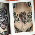 Inside pages of 'Sagrado' by Carlos Truan and Zac Scheinbaum featuring finished tattoos of Sacred Hearts adorned with thorns, skulls, and eyes.