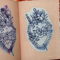 Inside pages of 'Sagrado' by Carlos Truan and Zac Scheinbaum featuring stencils of Sacred Hearts adorned with flowers.