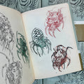 Inside pages of Alix Ge Sketches featuring sketches of various iterations of spiders, with most of them using a woman head or dragon head as the body of the spider.