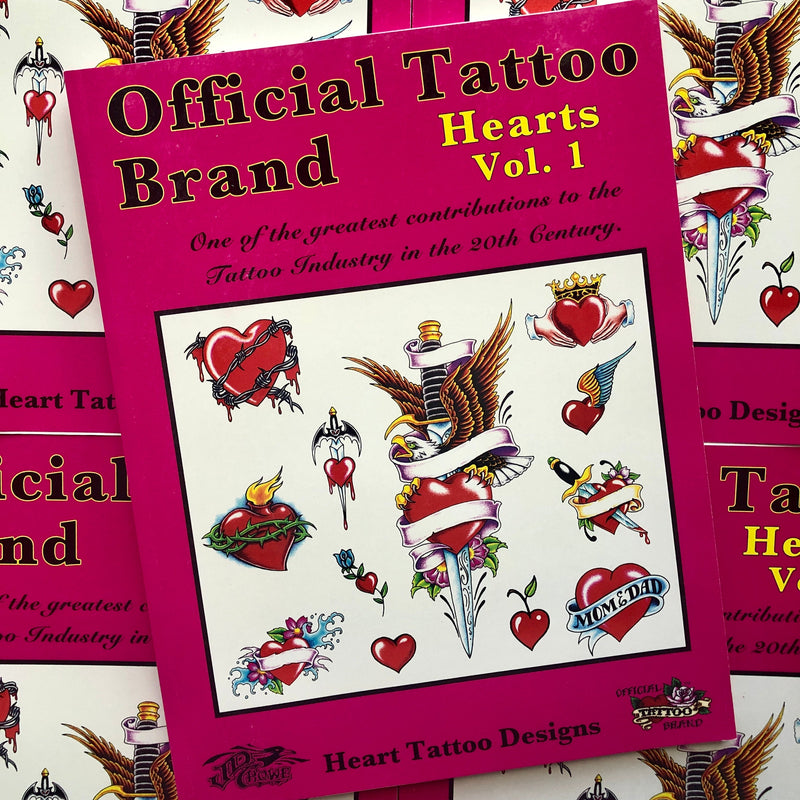 Belzel Books presents Official Tattoo Brand -- Hearts Vol. 1 by JD Crowe. Tattoo flash of hearts on cover.