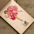 Inside pages of Late of the Guards: Tattoo designs by Ben Corday book featuring a color painting of a lady wearing a pink dress and dancing atop a skull.