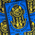 Front cover of Right Coast Tattoo Vol. 2 by Todd Noble featuring an illustration of a diving suit helmet with a skull inside it colored in black and yellow, a blue background, and black bold lettering for the title.