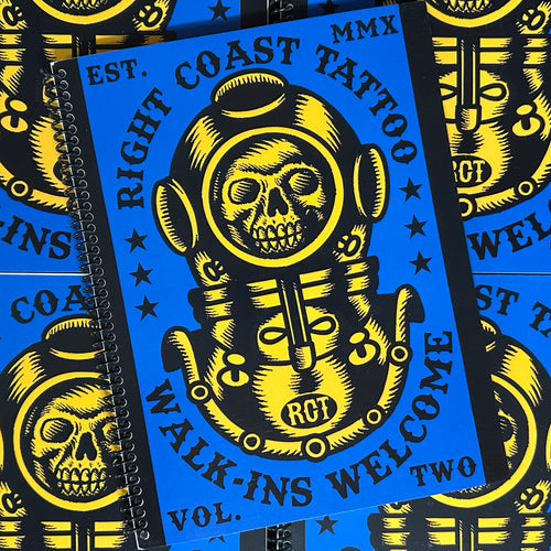 Front cover of Right Coast Tattoo Vol. 2 by Todd Noble featuring an illustration of a diving suit helmet with a skull inside it colored in black and yellow, a blue background, and black bold lettering for the title.