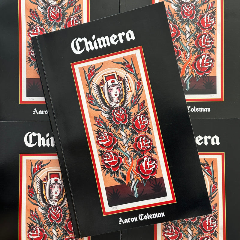 Front cover of Chimera by Aaron Coleman featuring a painting of roses and a nurse head atop an eagle and in front of a cross.