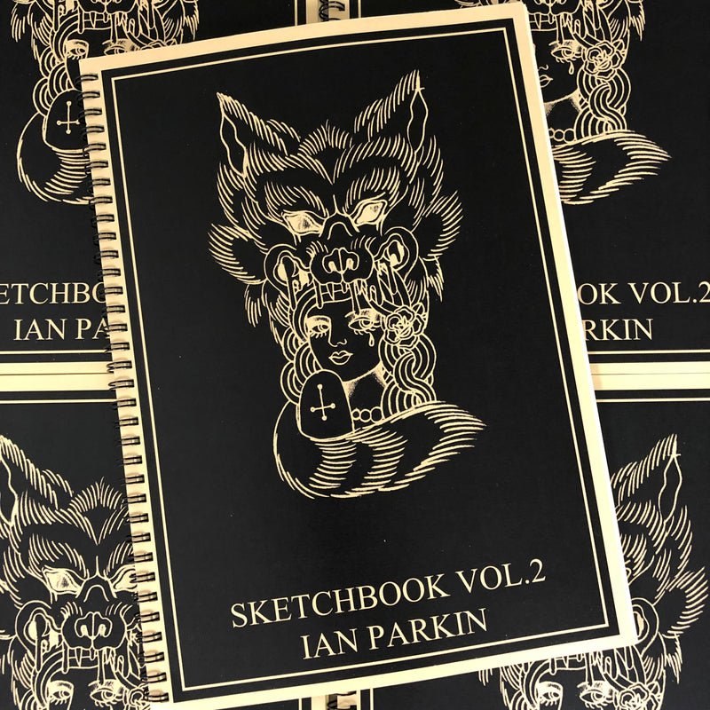 Belzel Books presents Sketchbook Vol. 2 by Ian Parkin. Girl with wolf head on black cover.