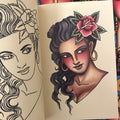 Inside pages of Todd Noble - The Look of Love Book Vol. II featuring a color drawing and a stencil of a girl's face.