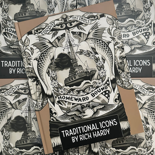 Front cover of Traditional Icons by Rich Hardy featuring an illustration of a traditional back piece in black and grey.