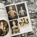 Inside pages of Traditional Icons by Rich Hardy featuring historical photographs men modeling their finished chest pieces.