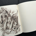 Inside pages of OG Abel Sketchbook featuring a sketch of angelic women in the "see no evil, hear no evil, speak no evil" poses.