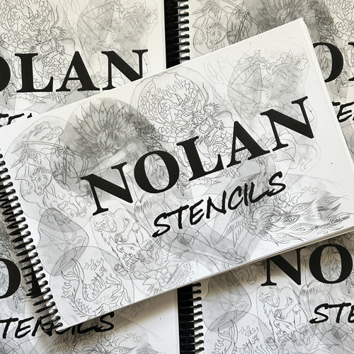 Front cover of Don Nolan Stencils featuring a collage of acetate stencils on a white background and bold lettering for the title.