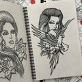Inside pages of Line Drawings Vol. 1 by Tomas Tumbleweed featuring line drawings of ladies adorned by a bird or flowers.